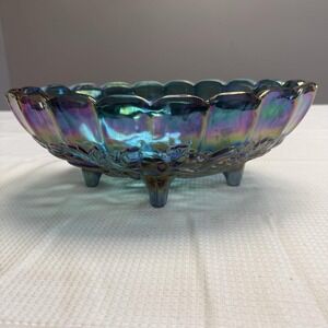 Vtg Indiana Iridescent Blue Carnival Glass Harvest Grape Oval Footed Bowl Gold